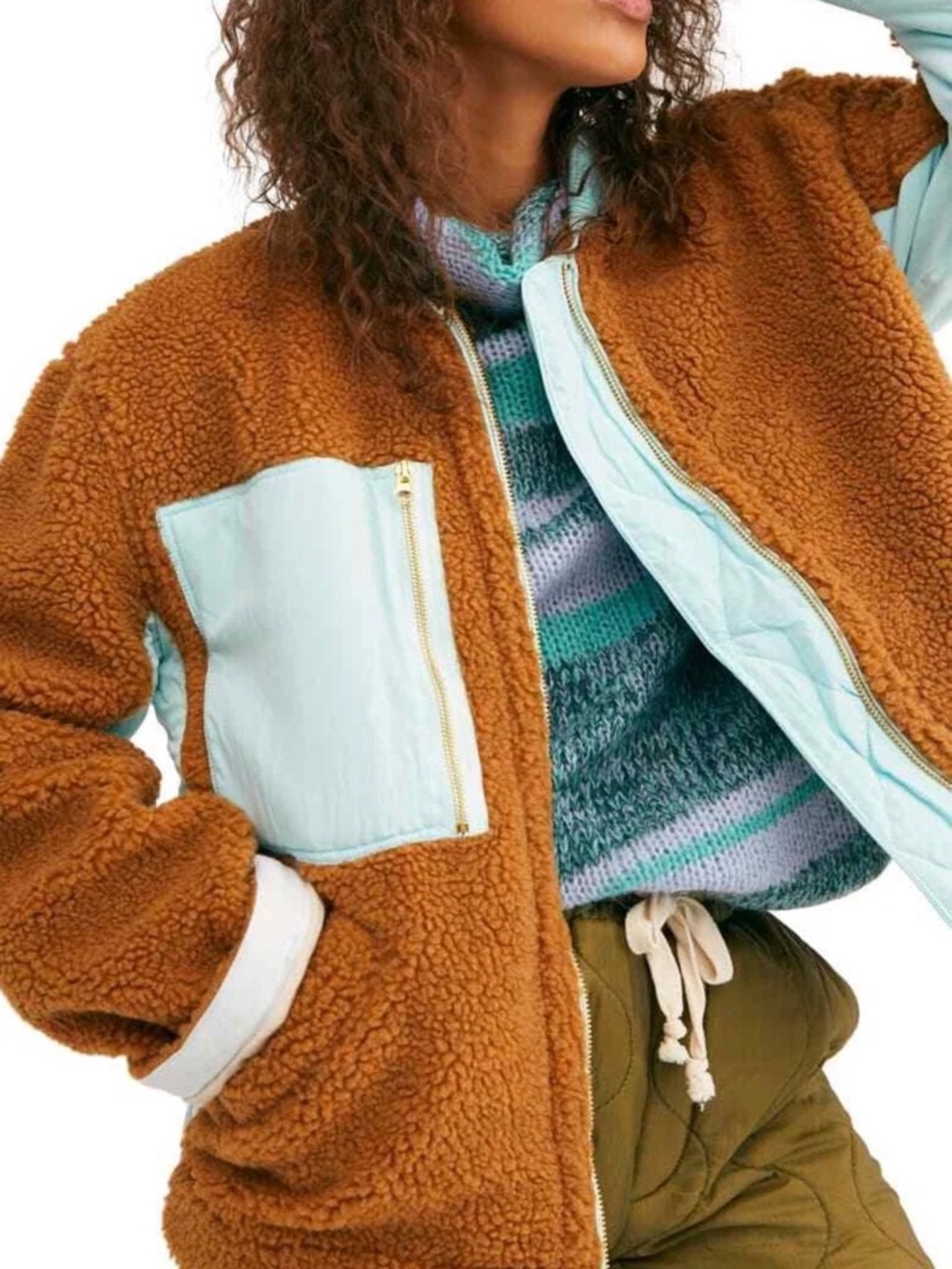 Free People Rivington Sherpa Jacket XS Amber Combo Teddy Fleece Zip Coat